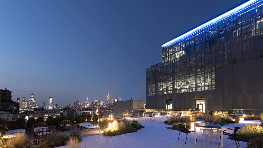 A building with a glass front.